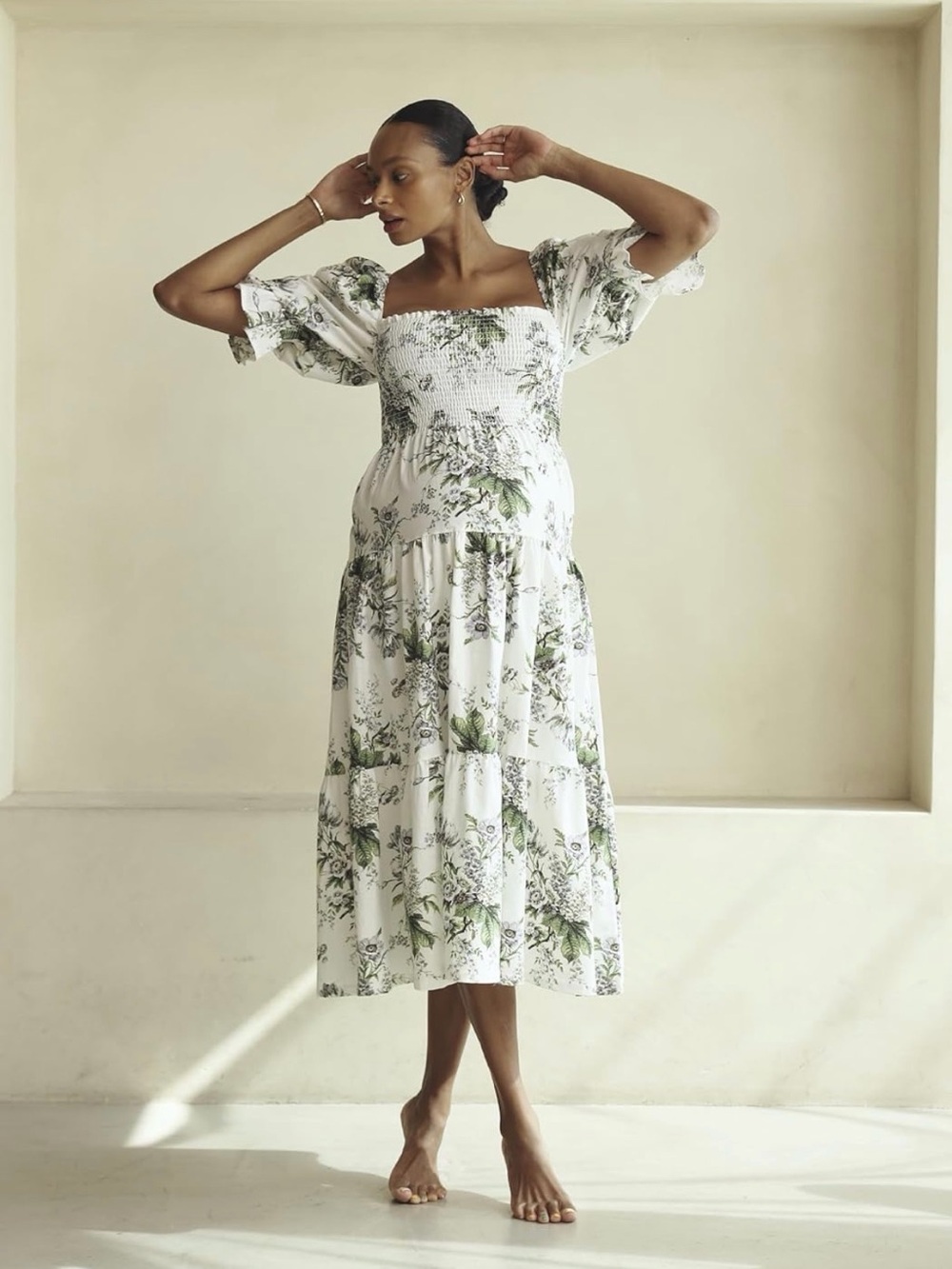 Smocked White Midi Dress with Green and Blue Floral Print